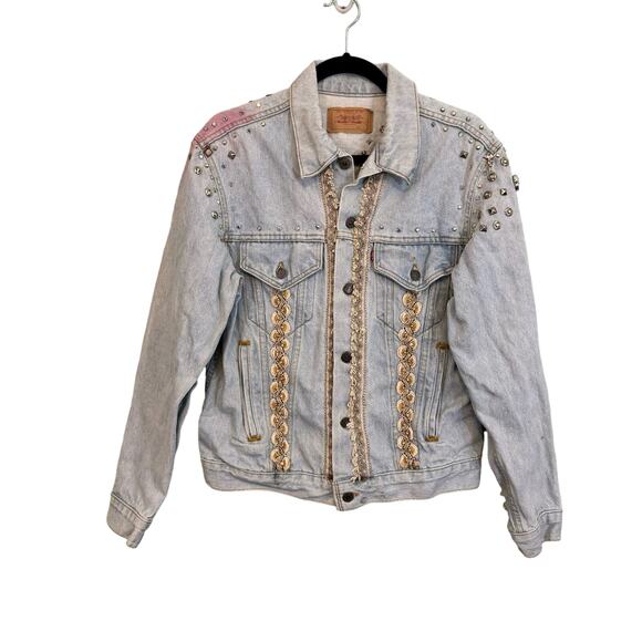 Levi's Denim Jacket Womens Large Blue Button Up Long Sleeve Embellished Fringes - Picture 1 of 11